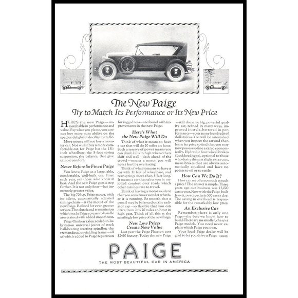 1924 Paige Convertible Antique Car Vintage Print Ad Man Cave Wall Art - Picture 1 of 1
